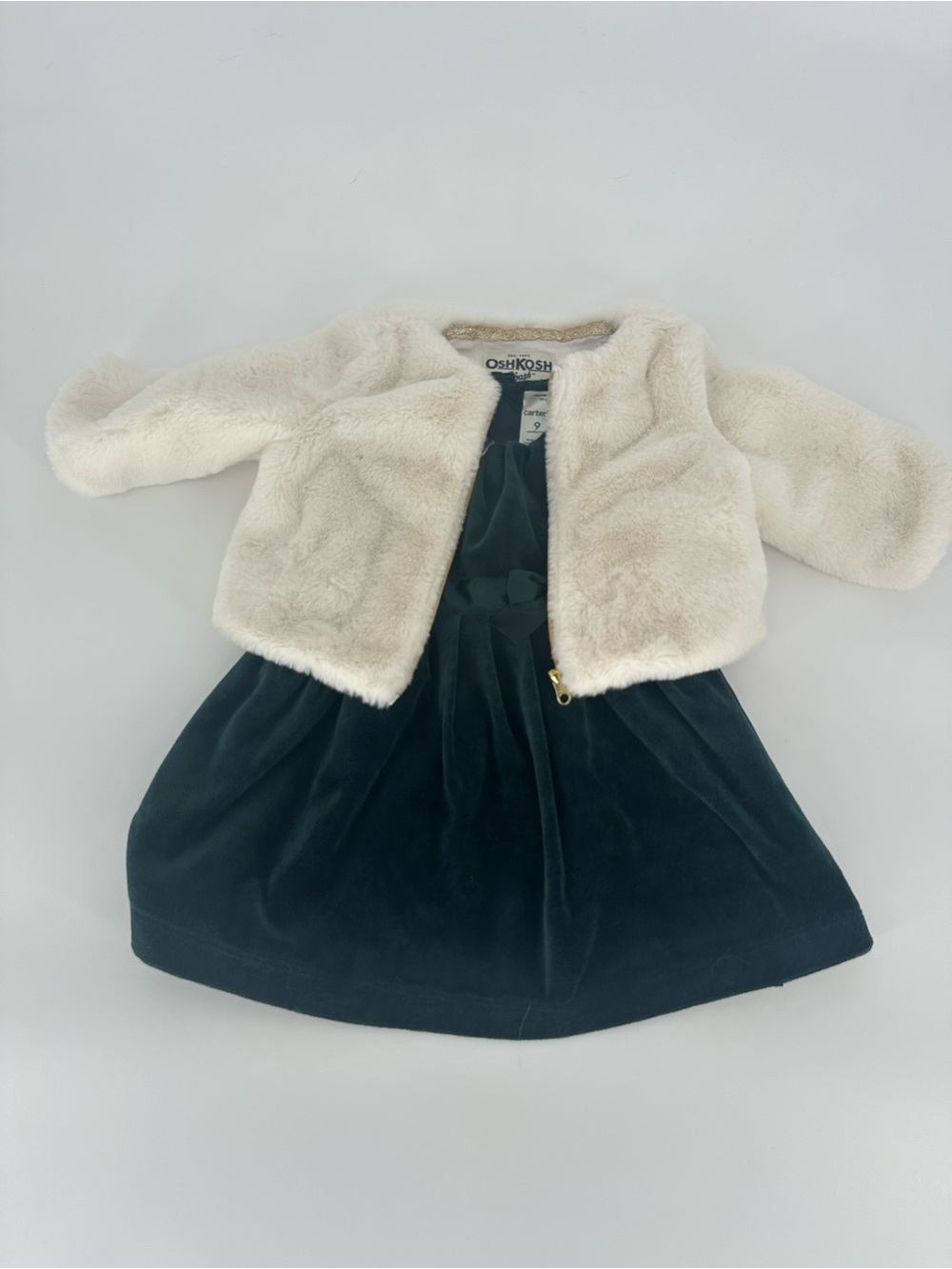 Baby Girl 6-9 month Green Velvet Dress with Cream Jacket Outfit Christmas